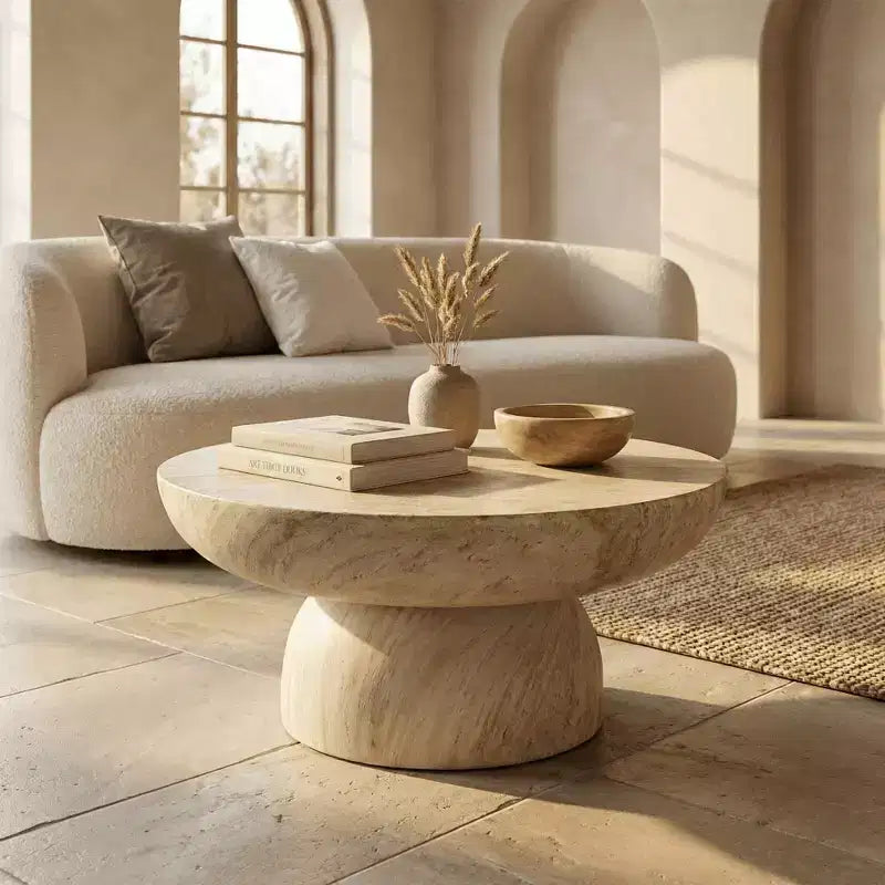 Table basse ronde Lunexa de LeisureMod, table d'appoint à piédestal en pierre de fibre pour utilisation intérieure ou extérieure, design sculpté avec patins antidérapants