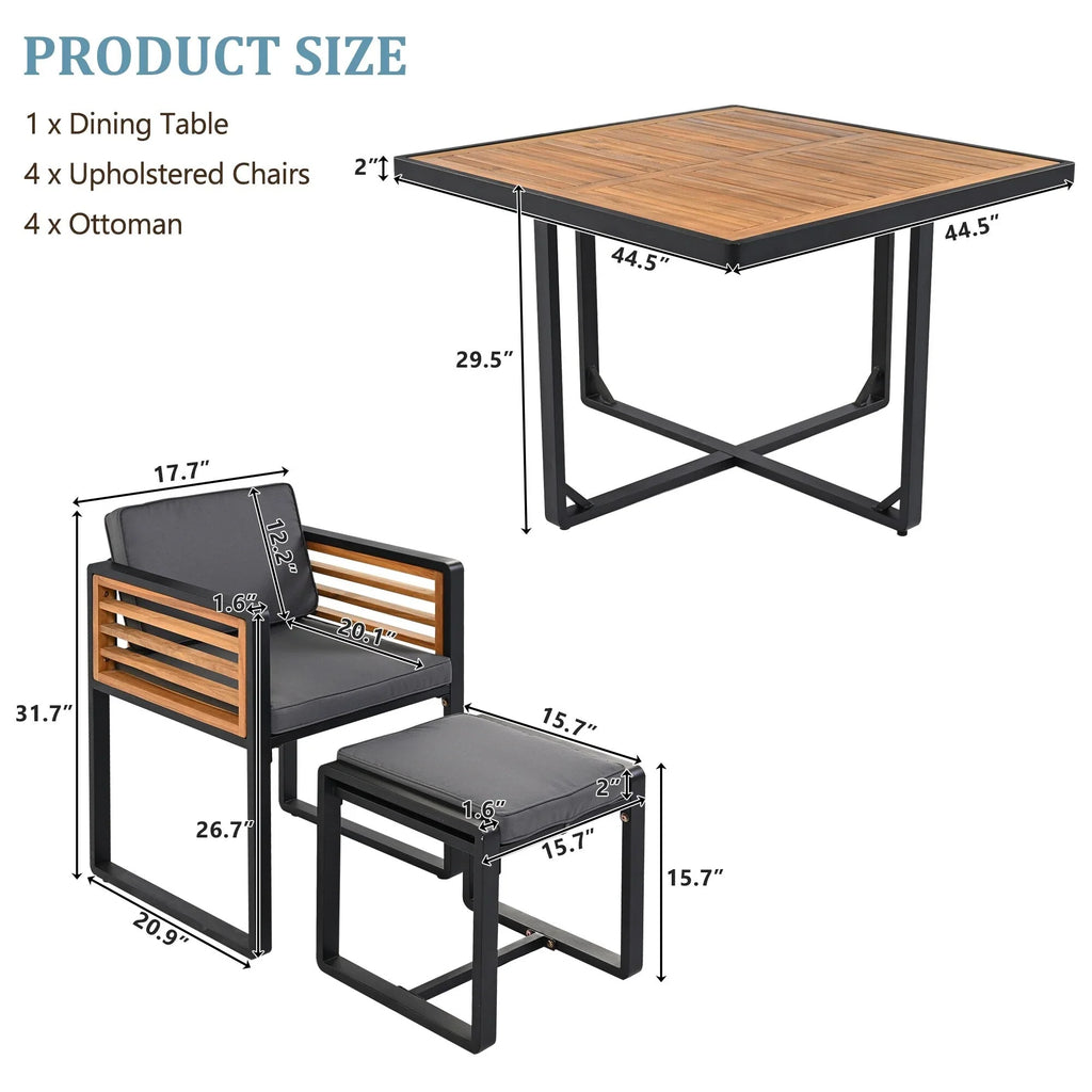 Ensemble de salle à manger d'extérieur 18 pièces en bois d'acacia, 8 chaises rembourrées, 8 poufs et 2 tables carrées
