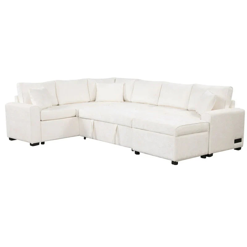 Canapé d'angle en chenille convertible, canapé-lit en forme de L avec pouf de rangement, 3 oreillers et dispositifs de charge