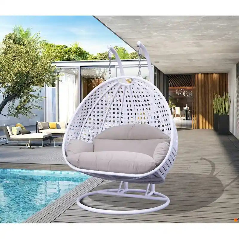 Fauteuil suspendu en forme d'œuf avec support métallique, cadre en osier et coussin – Beige / Bleu anthracite / Blanc / Bleu / Blanc antique / Marron / Toile, 2 places