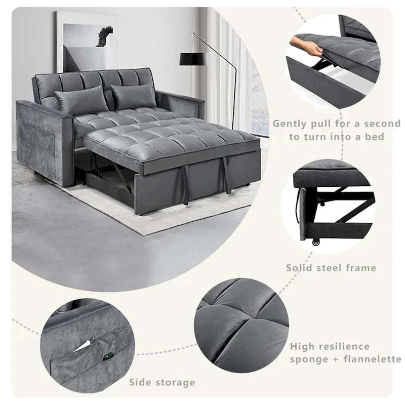 Causeuse futon moderne en velours avec dossier inclinable et poches, 2 places ??Gris foncé / Gris clair / Bleu / Noir