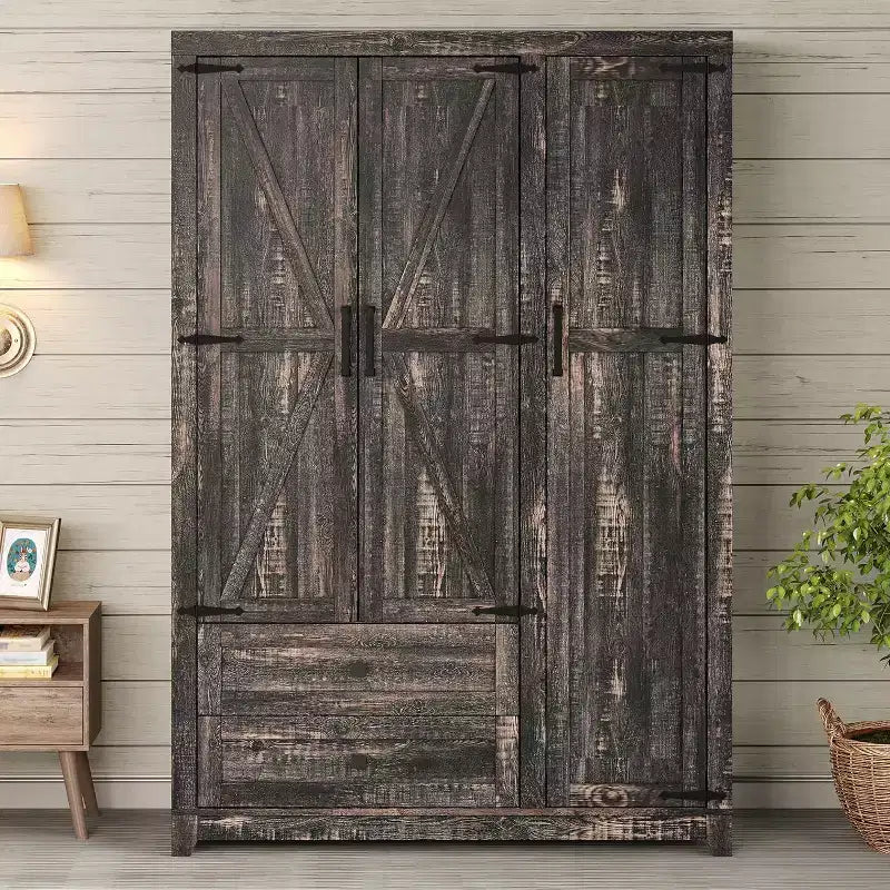 AMERLIFE Armoire de garde-robe de ferme 47 avec 3 portes, 2 tiroirs, tringle à vêtements et étagères réglables, organisateur de placard autoportant