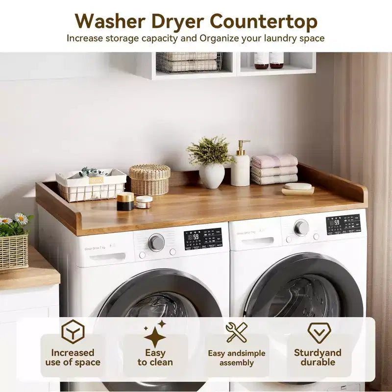 Comptoir pour lave-linge-sécheuse, dessus de machine à laver avec bord surélevé et tapis antidérapant pour le rangement des paniers à linge et l'organisation de la buanderie