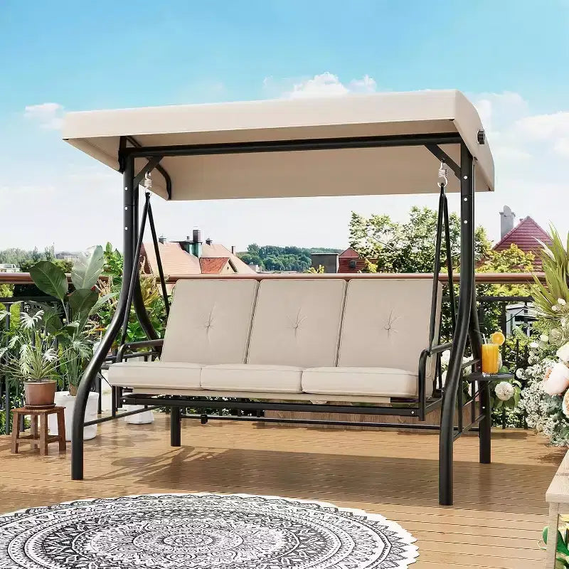 Balançoire de jardin convertible 2-en-1 à 3 places avec auvent réglable, lit de balançoire de patio avec support, coussins épais et porte-gobelets, pour jardin, cour ou porche