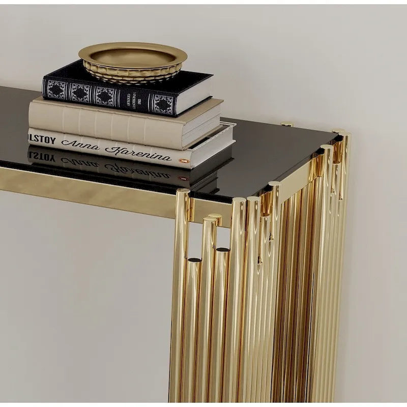 Console étroite à 2 niveaux avec structure en métal doré et plateau en verre trempé