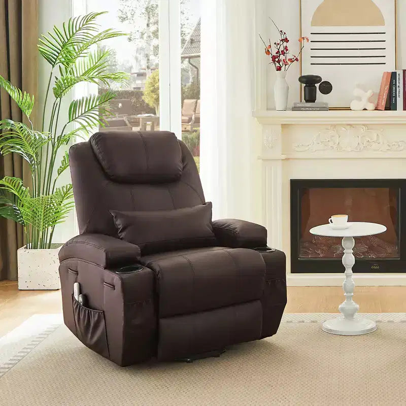 Fauteuil inclinable électrique Bestier de 88 cm avec fonction de levage, massage et chauffage, en similicuir, avec poches latérales et porte-gobelets