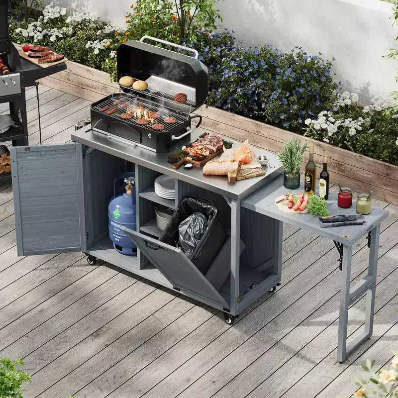 Îlot de cuisine d'extérieur FAMYYT de 198,9 cm avec comptoir en acier inoxydable, station de barbecue pliable et armoires de rangement, Bleu Gris