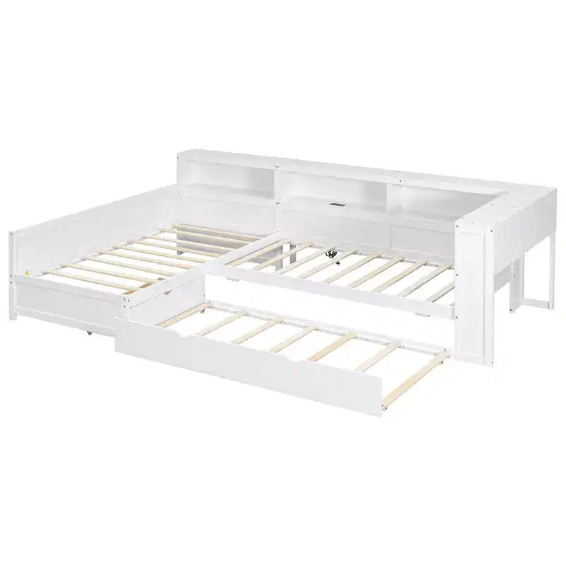 Lit plateforme en L de taille double avec lit gigogne et station de recharge, cadre de lit en bois avec étagère