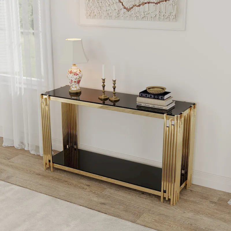 Console étroite à 2 niveaux avec structure en métal doré et plateau en verre trempé