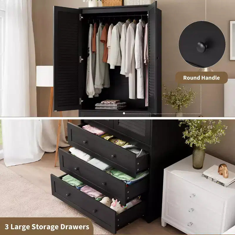 COZONY Armoire penderie avec 3 tiroirs et 2 portes, Placard de rangement moderne en bois pour chambre à coucher, Armoire sur pied blanche robuste