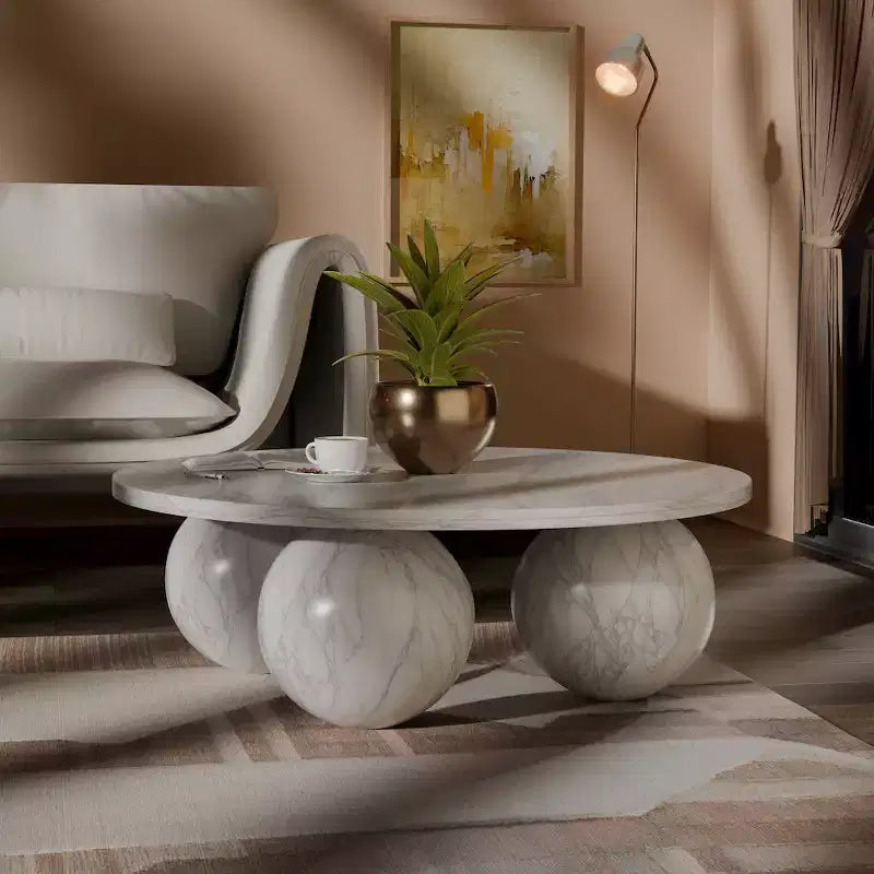 Table basse ronde en marbre avec pieds sphériques, multicolore, 4-6 places