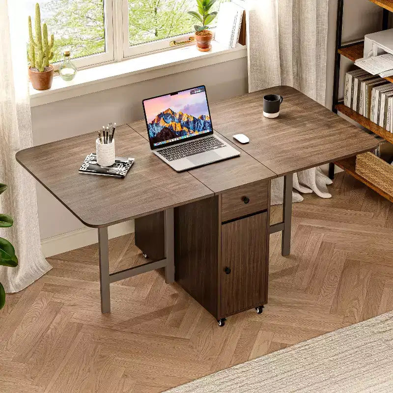 Table à manger pliante ATJafurn 59'' avec abattants pour petits espaces, table de cuisine rectangulaire en bois extensible avec roulettes et rangement