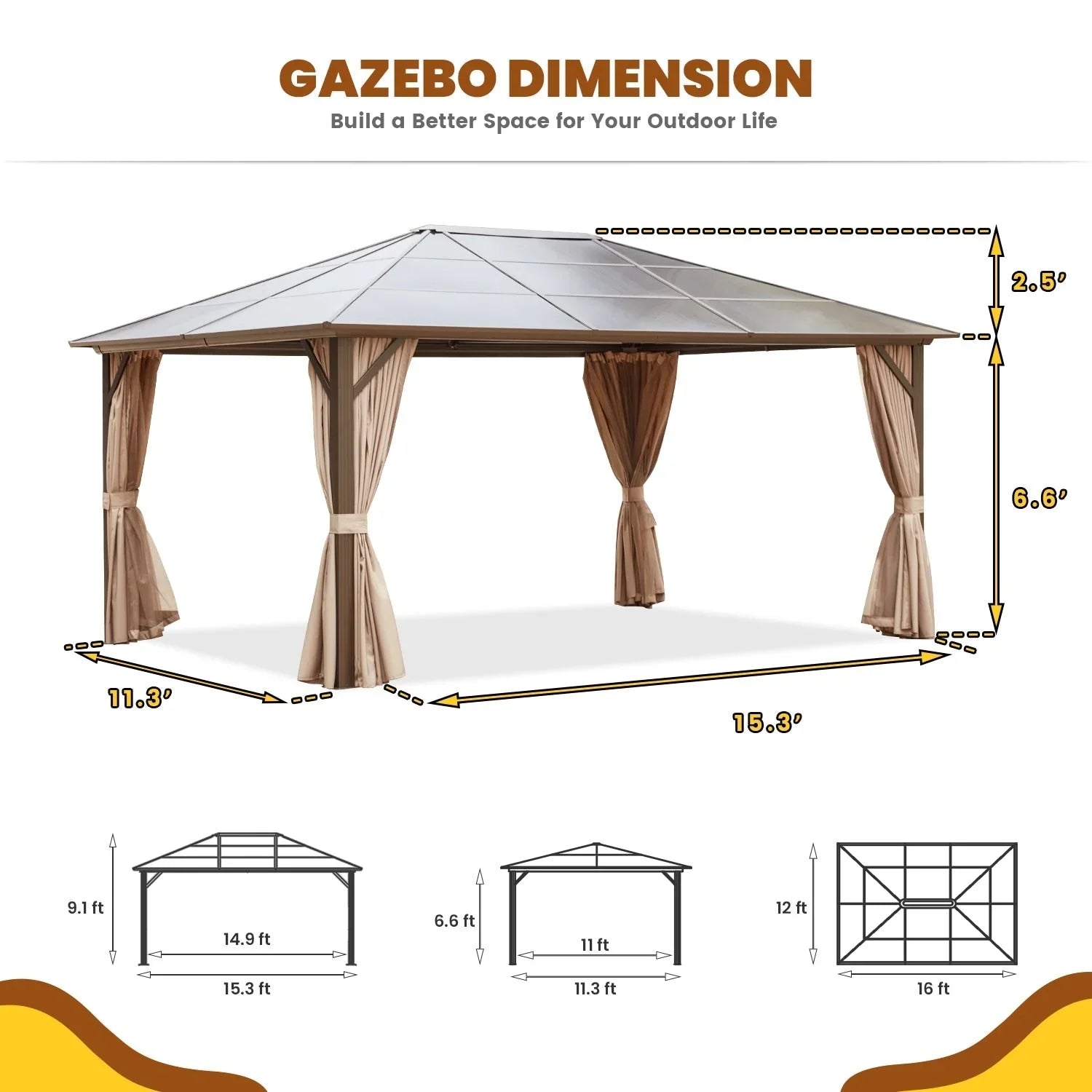 Tonnelle EROMMY à toit rigide, pergola extérieure avec double toit, moustiquaire et rideaux, auvent robuste pour patio, jardin, fête au bord de la piscine