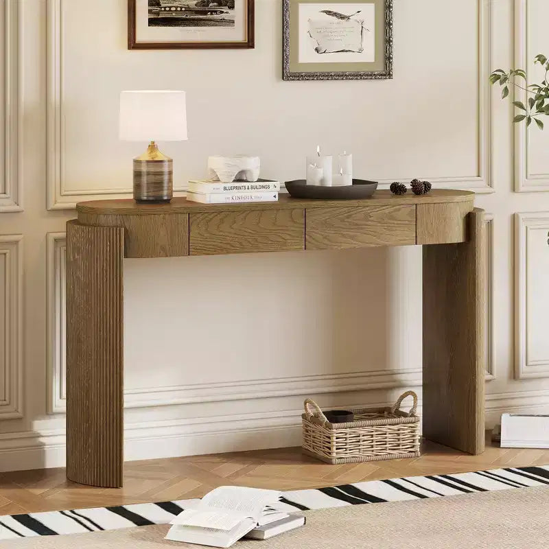 Console Merax moderne avec plateau ovale, pieds cannelés courbés et deux tiroirs dissimulés