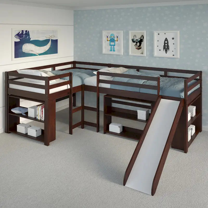Ensemble de chambre mezzanine en L Double Twin avec toboggan, finition cappuccino foncé