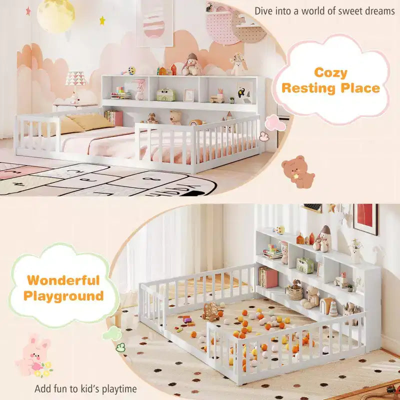 Lit de sol Montessori double/complet avec étagères de rangement et barrières de sécurité Blanc/Gris