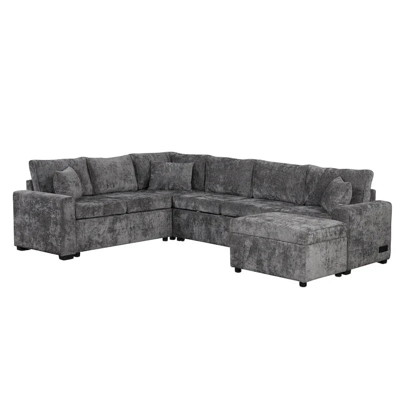 Canapé d'angle en chenille convertible, canapé-lit en forme de L avec pouf de rangement, 3 oreillers et dispositifs de charge