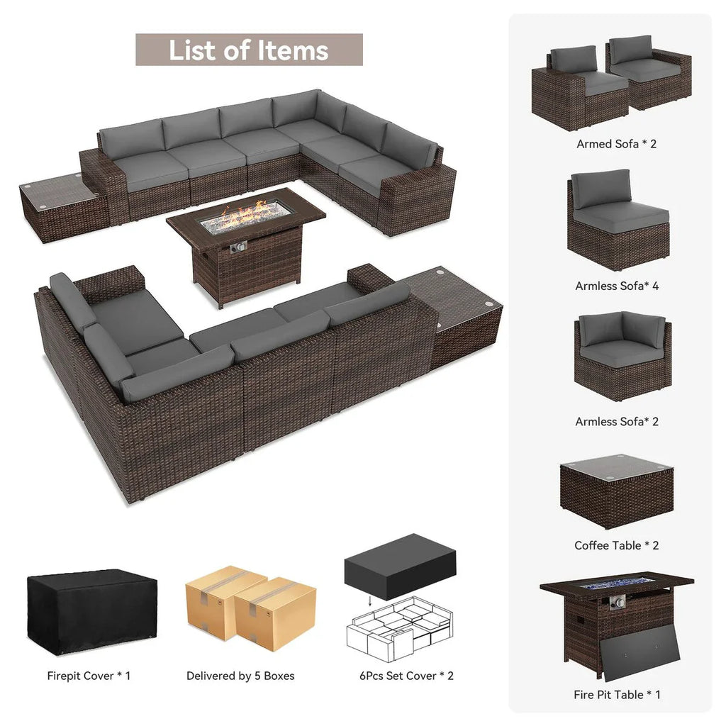 Ensemble de mobilier de jardin 13 pièces avec table brasero de 44 pouces