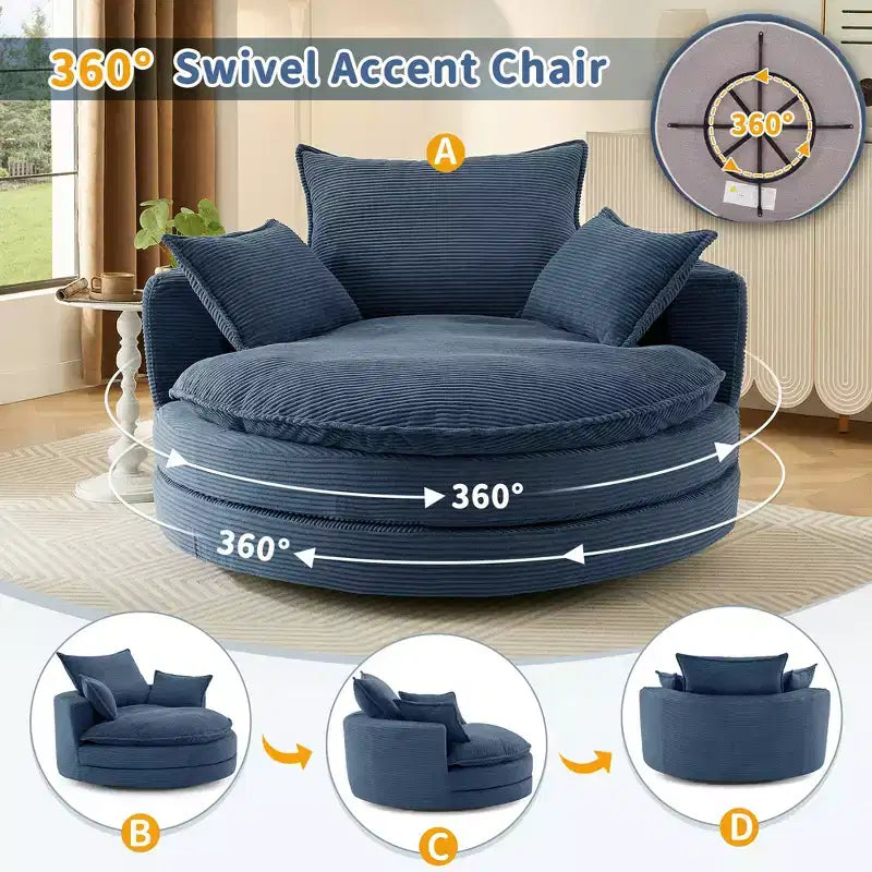 Fauteuil d'appoint pivotant à 360°, Fauteuil pivotant rond en forme de baril avec coussin pour salon