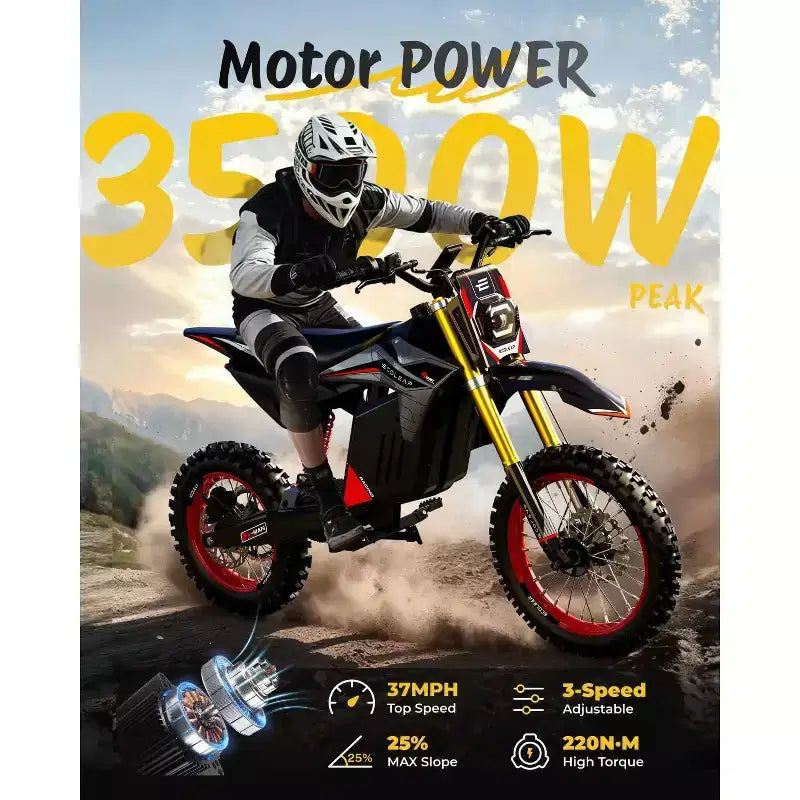 ECOLEAP Moto électrique tout-terrain 3500 W pour adolescents et adultes, 60 km/h, batterie 48 V 21 Ah, autonomie jusqu'à 88 km, 180 kg, 13 ans et plus