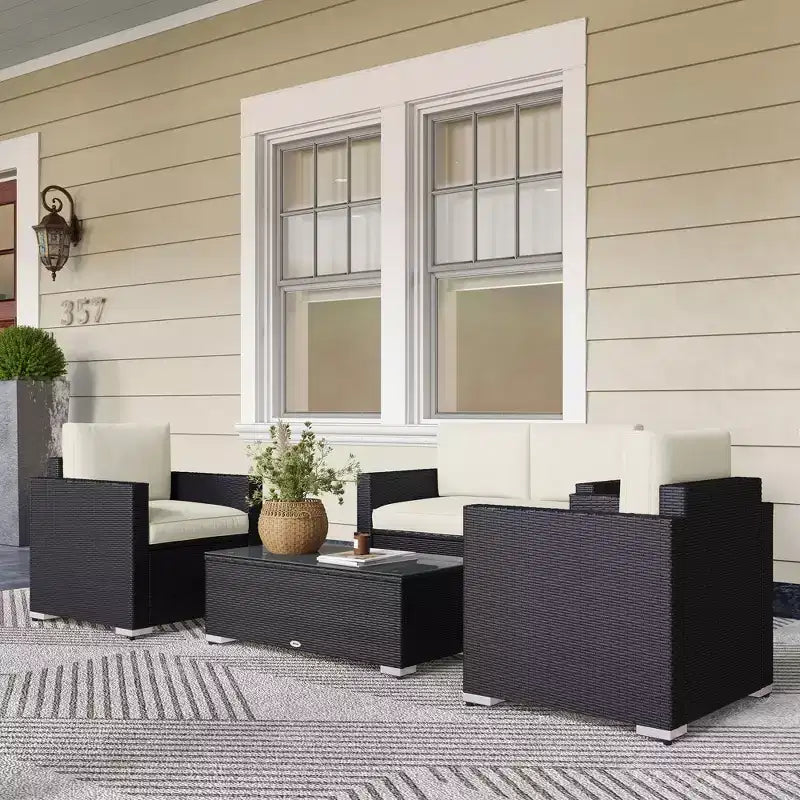 Ensemble de canapés en rotin 4 pièces, ensemble de canapés de patio en osier avec causeuse, chaises et table basse en verre pour jardin extérieur