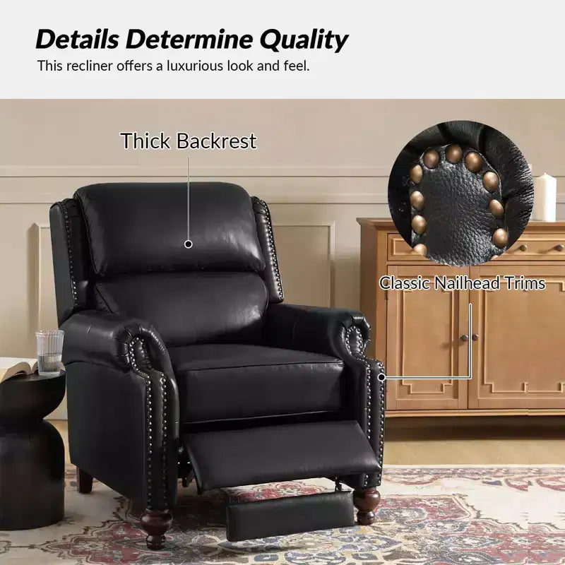 Ensemble de 2 fauteuils inclinables modernes en cuir véritable Elisabete avec garniture cloutée vintage pour salon et chambre à coucher | ART OF LIVING DESIGNS