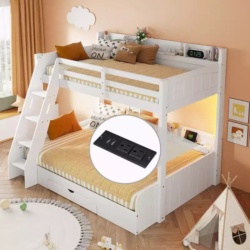 Lit superposé double sur toute la longueur avec rangement, lumières LED et station de charge, lit superposé en bois avec étagères latérales pour enfants et adolescents