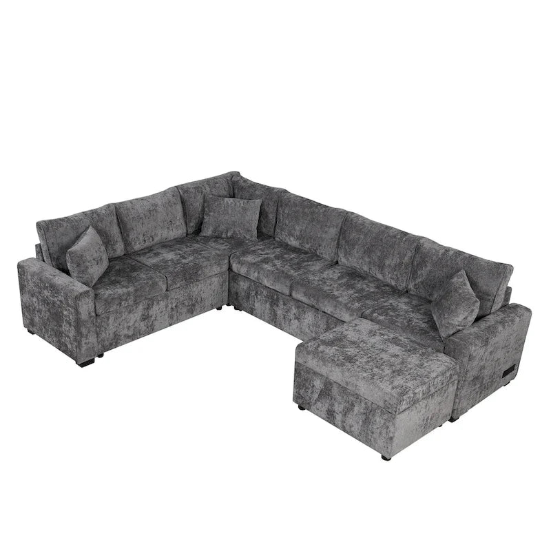 Canapé d'angle en chenille convertible, canapé-lit en forme de L avec pouf de rangement, 3 oreillers et dispositifs de charge