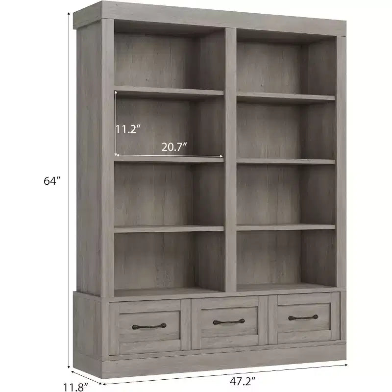Bibliothèque et étagères de 64 H, étagère avec 3 tiroirs de rangement, étagère ouverte à 4 niveaux double largeur pour bureau salon