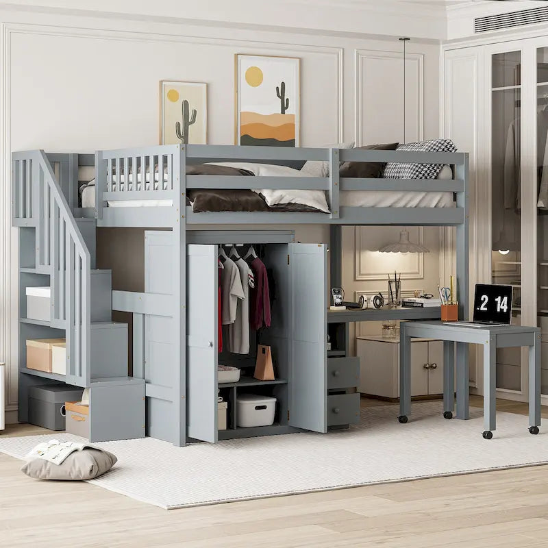 Lit mezzanine double avec escalier, bibliothèque, bureau et armoire – Meuble multifonctionnel et peu encombrant pour enfants et adolescents – Blanc