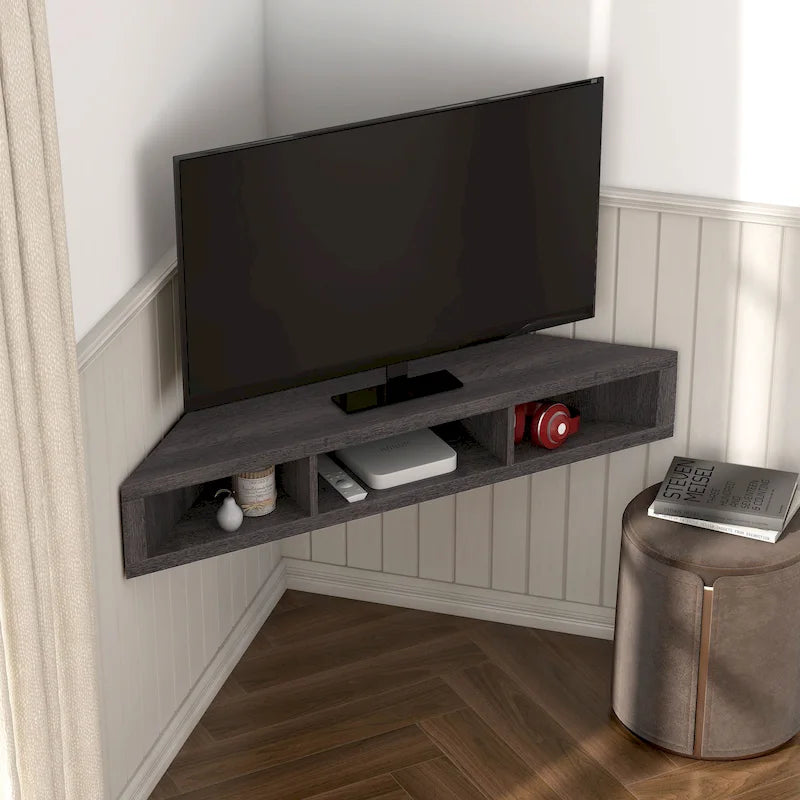 Meuble TV d'angle flottant de 119 cm, 3 étagères, style transitionnel, fixation murale gain de place