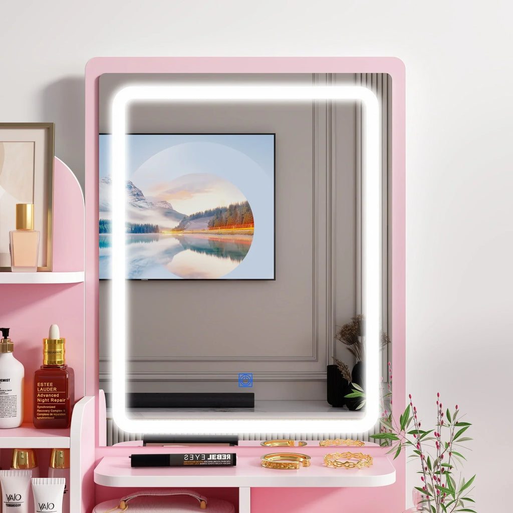 Coiffeuse avec miroir LED intégré et tabouret