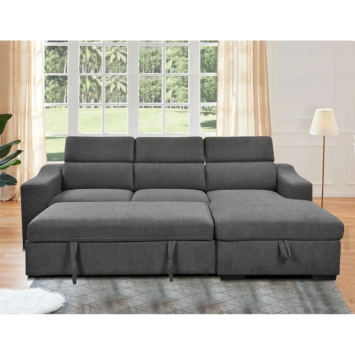 Roomfitters 103 Canapé sectionnel convertible avec méridienne de rangement, appuie-têtes réglables, canapé d'angle en L avec fonction couchage, gris foncé