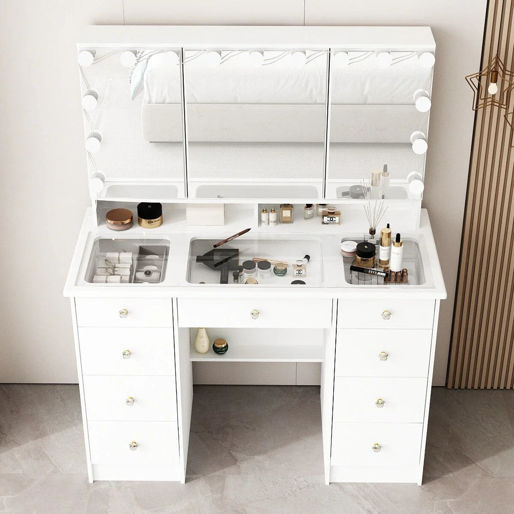 Coiffeuse avec miroir triptyque éclairage certifié et plateau en verre