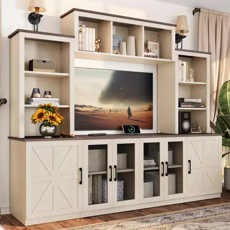 Meuble TV Moderne pour Téléviseur de 55 Pouces avec Station de Chargement, Console Multimédia avec Grands Placards de Rangement, Meuble TV pour Salon-Panipeachy