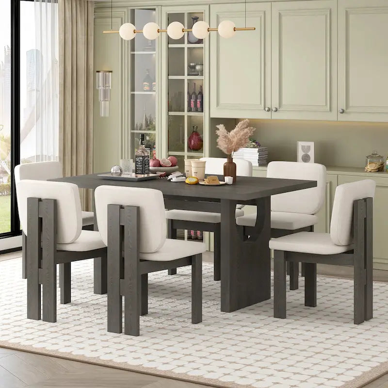 Ensemble table à manger 7 pièces, ensemble de table de cuisine en bois massif avec table rectangulaire, base en tréteaux design et 6 chaises rembourrées