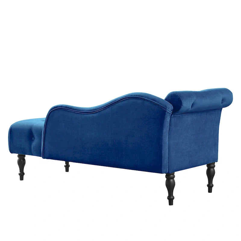 Chaise longue moderne de 154 cm avec revêtement en velours, boutons capitonnés, pieds en bois massif et clous de tapissier