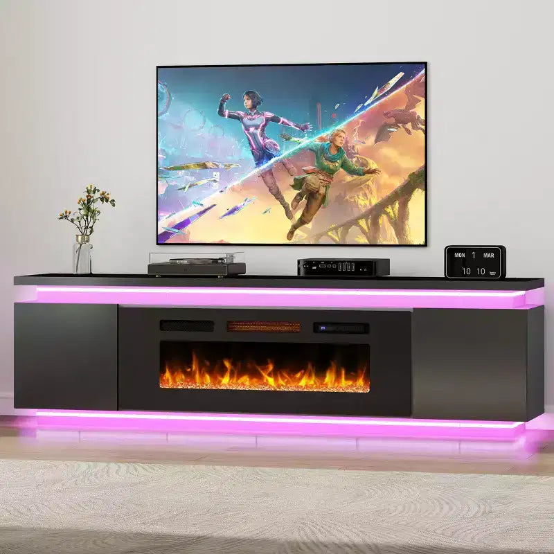 Meuble TV Skyzoo avec foyer électrique intégré, pour téléviseurs jusqu'à 80 pouces, avec lumières LED et 4 prises CA, console TV pour salon