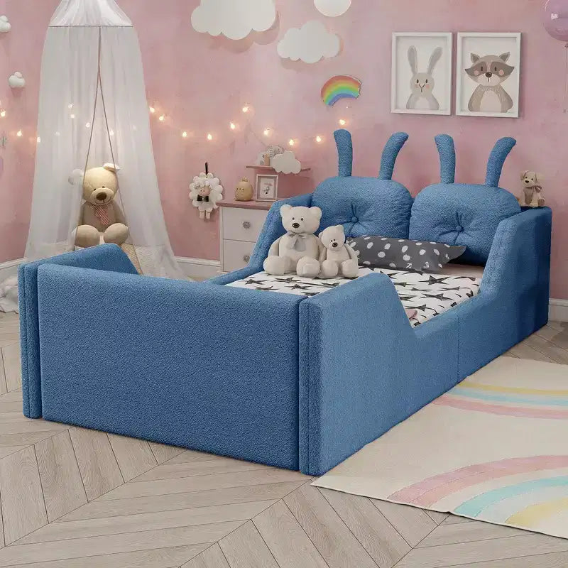 Lit plateforme double Whisen, cadre de lit rembourré pour enfants avec coussin lapin, barrières latérales amovibles