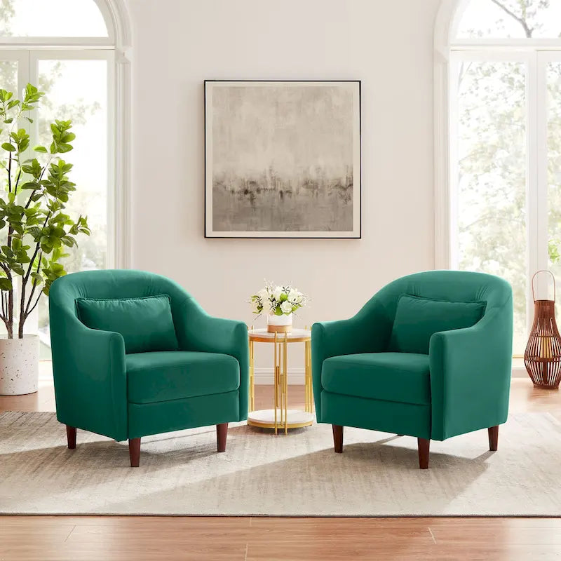 28.34W Lot de 2 fauteuils d'appoint, fauteuil barillet en velours avec pieds en bois massif