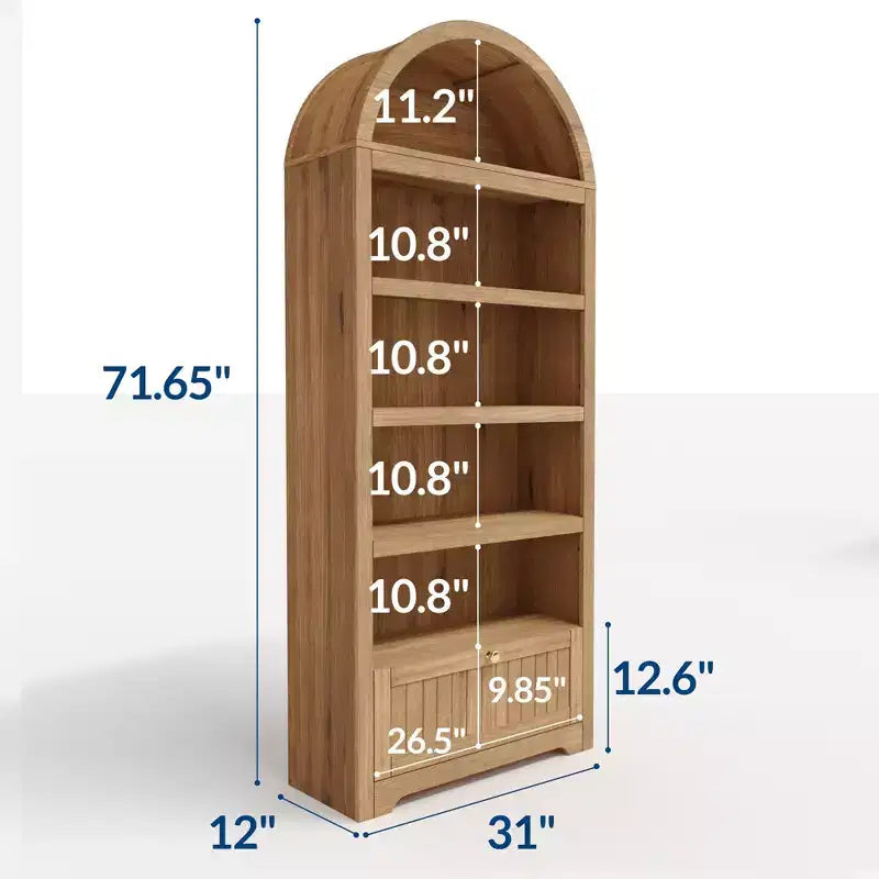 Bibliothèque arquée de 72 po avec tiroir de rangement, armoire de présentation moderne en bois à 6 niveaux avec étagères ouvertes et tiroir inférieur, porte d'armoire incurvée