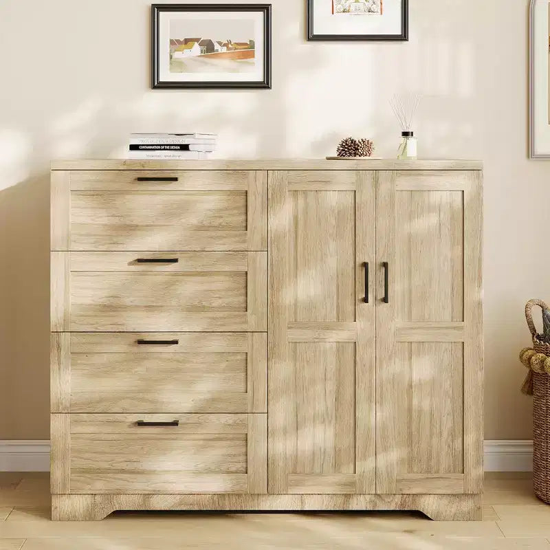 Armoire de chambre en bois de 110 cm (43,3 po) avec 4 tiroirs et tringle à vêtements, commode de rangement multifonctionnelle pour vêtements