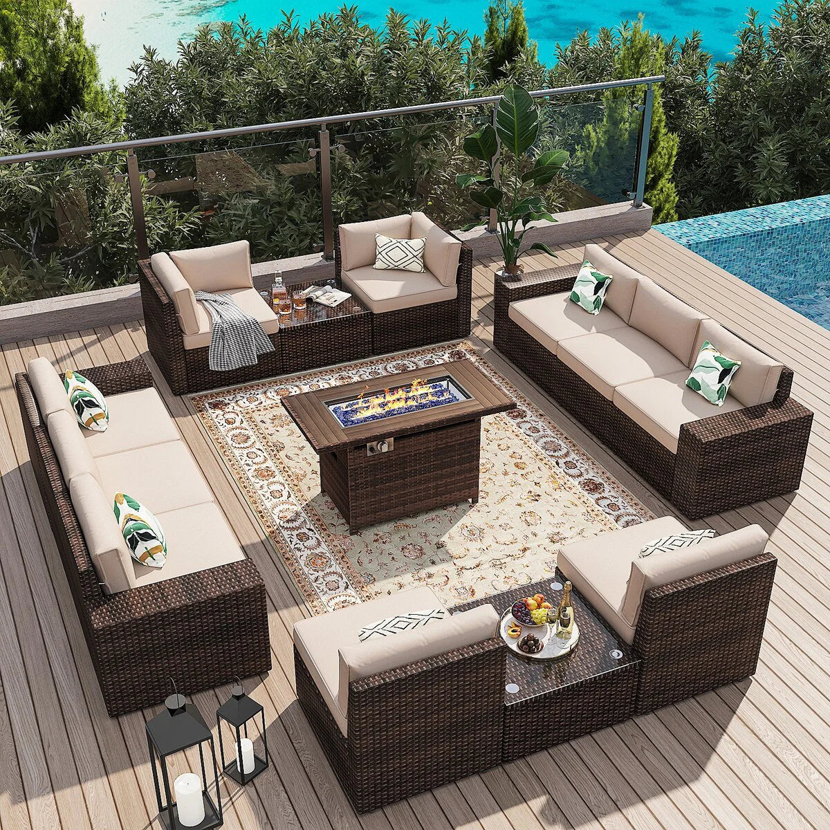 Ensemble de mobilier de jardin 13 pièces avec table brasero de 44 pouces