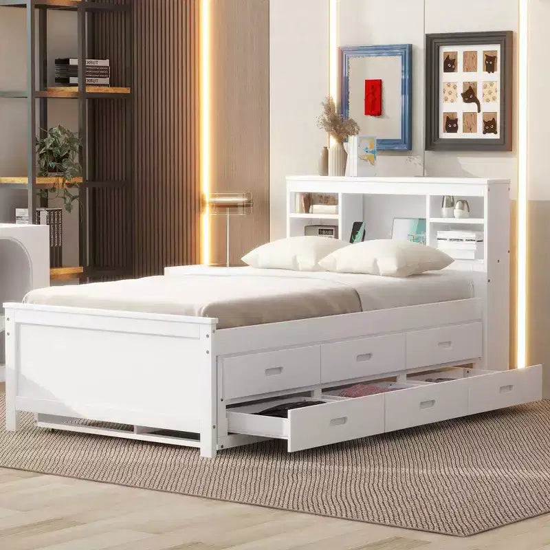 Lit plateforme avec lit gigogne et tiroirs, lit plateforme de rangement avec USB, lit plateforme en bois avec bibliothèque