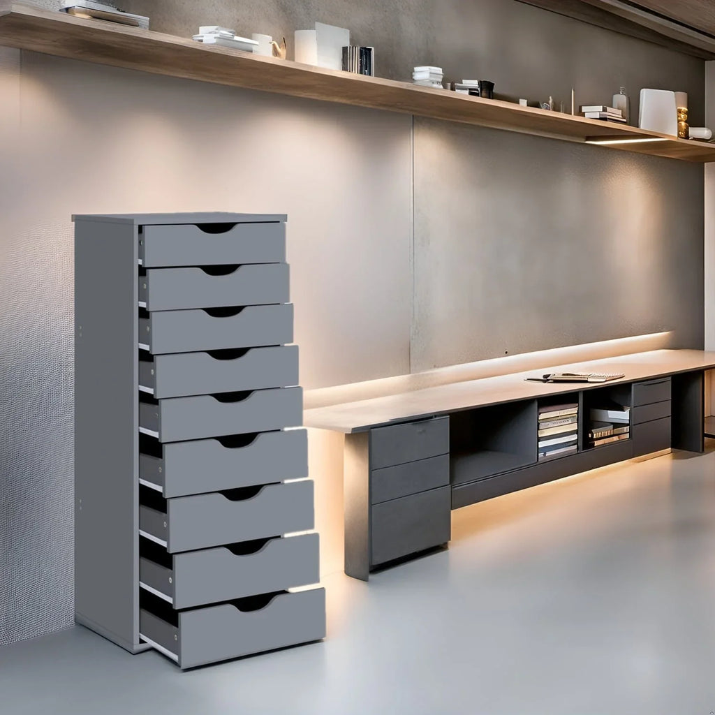 Étroite commode en bois à 9 tiroirs coulissants et étagère de rangement supérieure