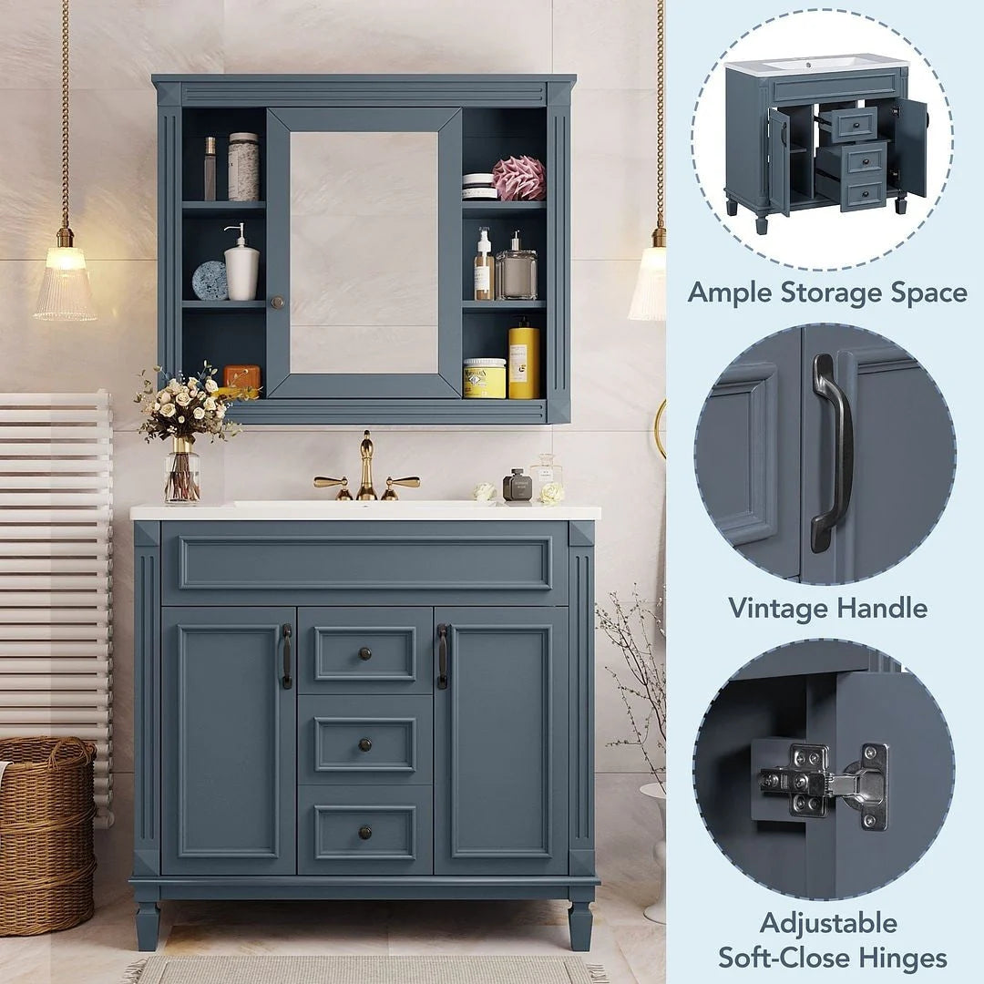 Meuble-lavabo de salle de bain moderne de 91 cm avec lavabo et armoire de toilette, 2 portes et 2 tiroirs