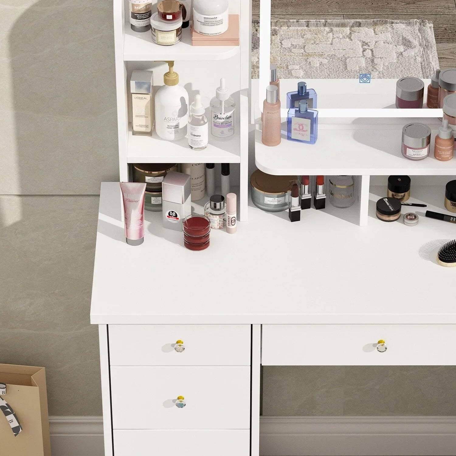 Coiffeuse avec miroir LED intégré et tabouret