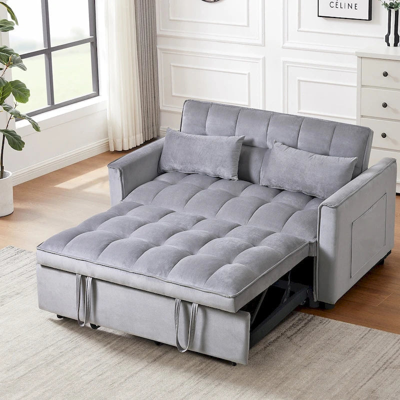 Causeuse futon moderne en velours avec dossier inclinable et poches, 2 places ??Gris foncé / Gris clair / Bleu / Noir