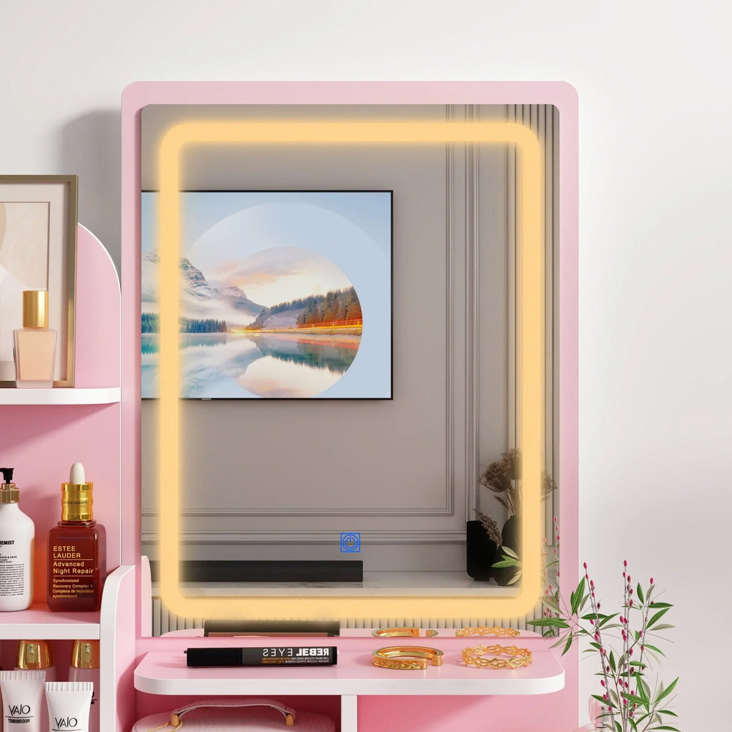 Coiffeuse avec miroir LED intégré et tabouret