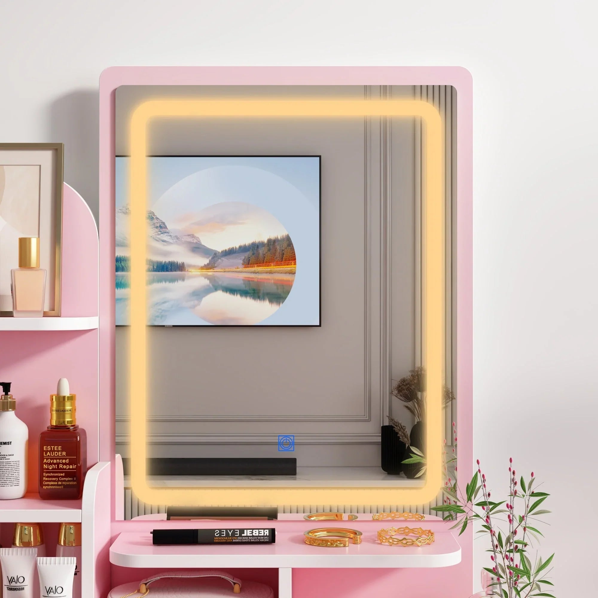 Coiffeuse avec miroir LED intégré et tabouret